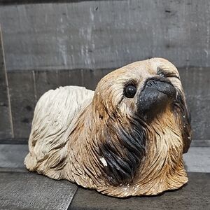 Brown & Cream Long-Haired Pet Figurine — Decorative Small Dog Statue